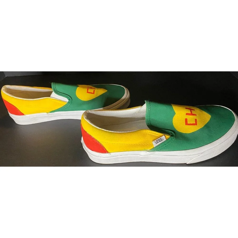 Vans Slip On Unisex CH Yellow Green Red Heart Men 6 Women 7.5